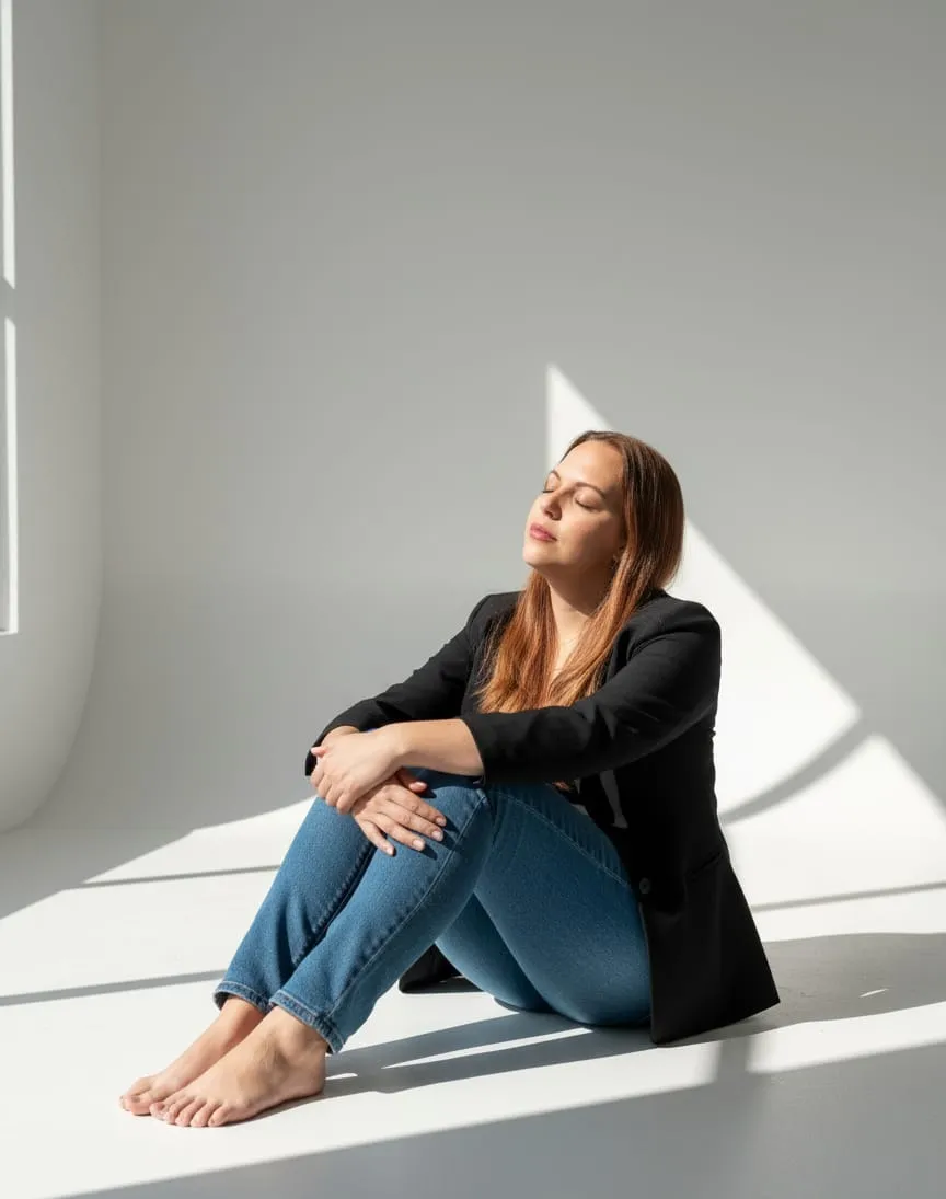 Carolina Vivas, escritora venezolana de novelas románticas, sentada en el suelo de un estudio iluminado